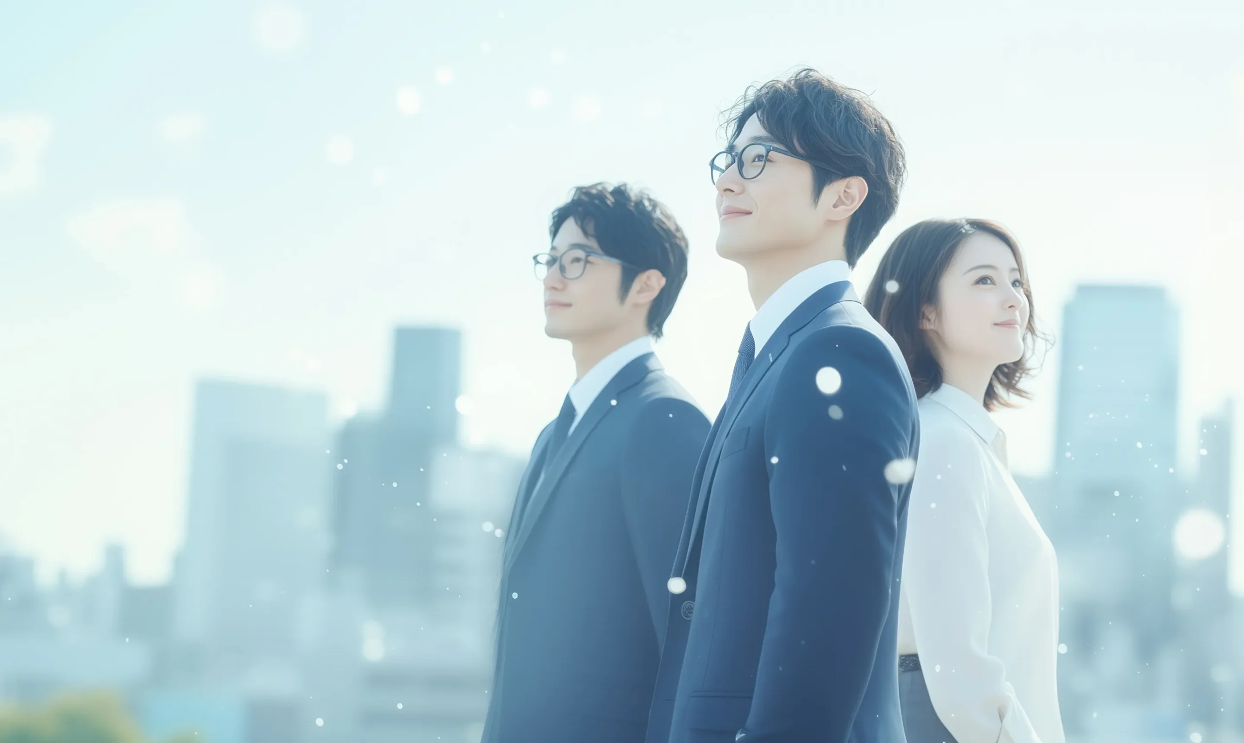 笑顔で前を向く男女3名のビジネスパーソン